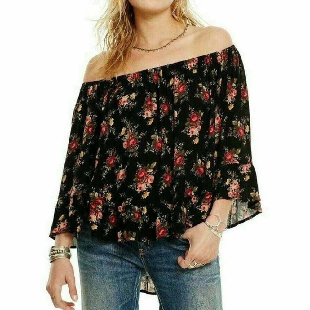 Denim & Supply Ralph Lauren Floral Print Blouse Top Off Shoulder Black M 275194